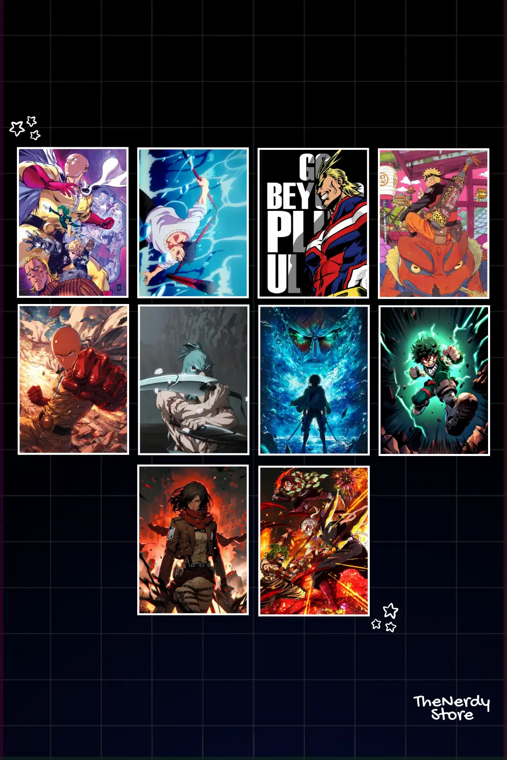 Combo set 9 of 10 mixed anime posters featuring various anime series for wall decor